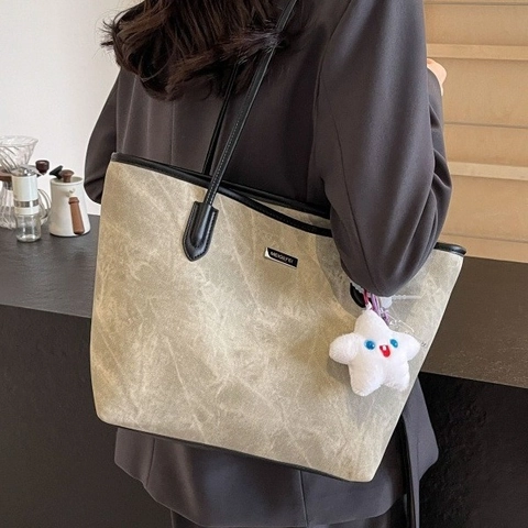 Borsa Tote da Donna Minimalista Grande Capacità in Pelle PU Con Ciondolo a Stella Texture Lavata Cuciture Cerniera Borsa a Spalla Moda