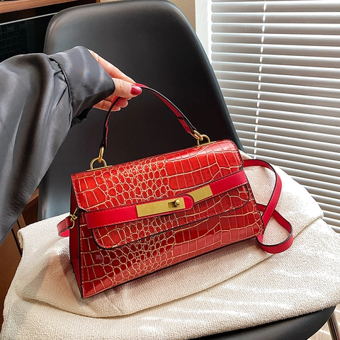 Sac à Main Mode pour Femmes Motif Crocodile Rétro en Cuir PU Sac Satchel Avec Accessoires Dorés Bandoulière Fourre-tout
