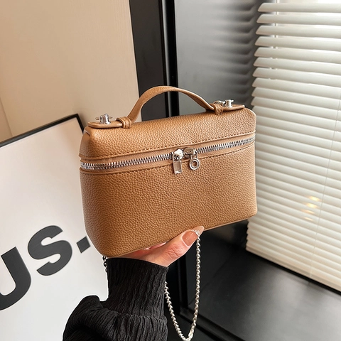Mode Litschitextur PU Leder Handtasche Damen Stilvolle Kleine Quadratische Umhängetasche Mit Silberner Kette Doppelreißverschluss Vanity Case
