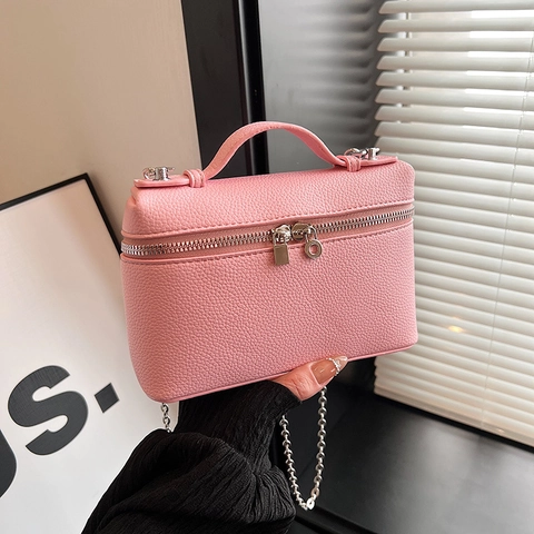 Mode Litschitextur PU Leder Handtasche Damen Stilvolle Kleine Quadratische Umhängetasche Mit Silberner Kette Doppelreißverschluss Vanity Case