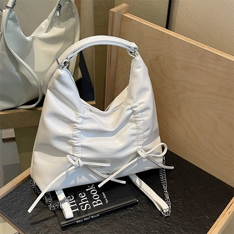 Borsa Tote da Donna alla Moda con Fiocco e Increspature in Pelle PU Hobo Borsa a Tracolla con Catena in Metallo Minimalista Elegante