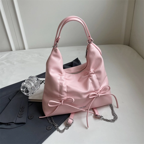Borsa Tote da Donna alla Moda con Fiocco e Increspature in Pelle PU Hobo Borsa a Tracolla con Catena in Metallo Minimalista Elegante