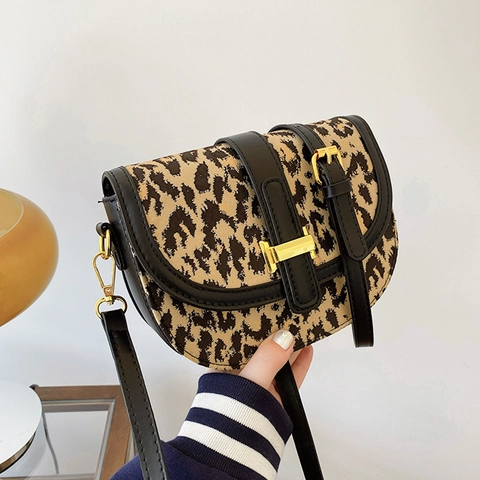 Borsa a Sella in Pelle PU con Stampa Leopardata Vintage da Donna Borsa a Tracolla di Moda con Tracolla Regolabile e Fibbia