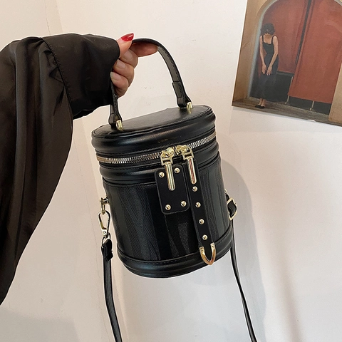 Bolso de Cubo Cilíndrico de Moda para Mujer Cuero PU Color Sólido Decoración de Remaches Bolso de Hombro Cruzado Estilo Vintage Bolso de Mano Uso Diario