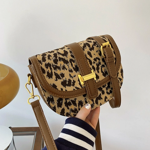 Borsa a Sella in Pelle PU con Stampa Leopardata Vintage da Donna Borsa a Tracolla di Moda con Tracolla Regolabile e Fibbia