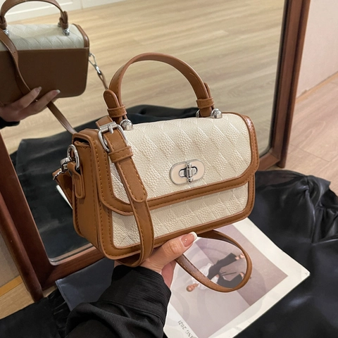 Fashion Rhombus Pattern Small Square Bag For Women Contrast Color PU Leather Shoulder Bag With Adjustable Strap Crossbody Bag