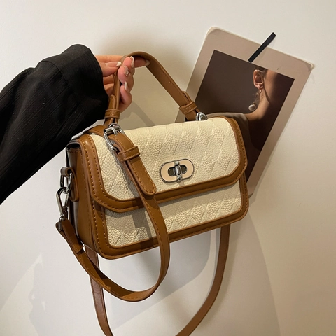 Fashion Rhombus Pattern Small Square Bag For Women Contrast Color PU Leather Shoulder Bag With Adjustable Strap Crossbody Bag