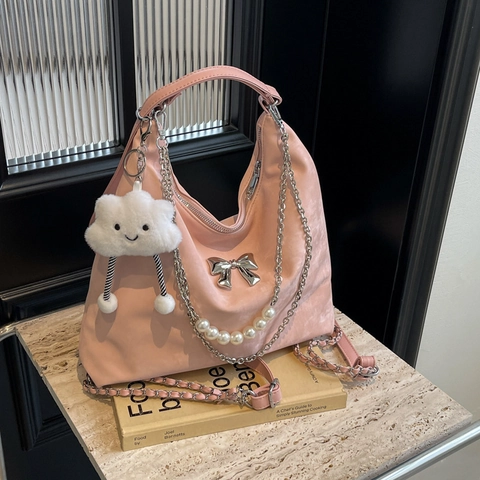 Borsa Tote da Donna in Pelle PU Grande Capacità Con Fiocco in Metallo Catena di Perle Ciondolo Nuvola Borsa a Tracolla Streetwear