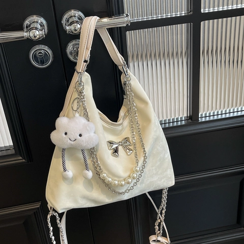 Borsa Tote da Donna in Pelle PU Grande Capacità Con Fiocco in Metallo Catena di Perle Ciondolo Nuvola Borsa a Tracolla Streetwear