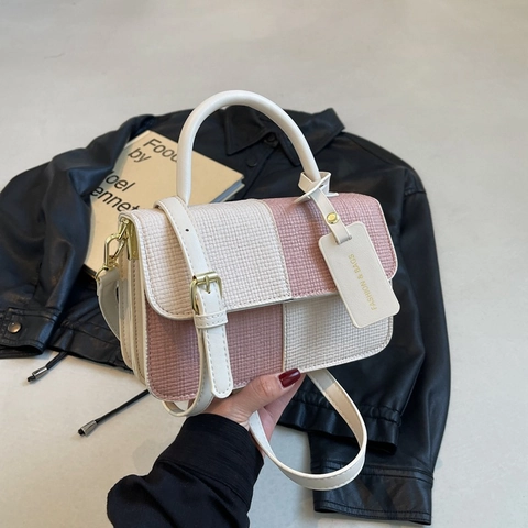 Mode Damen Patchwork Geflochten PU Leder Crossbody Tasche Minimalistische Quadratische Umhängetasche Handtasche Mit Schnalle