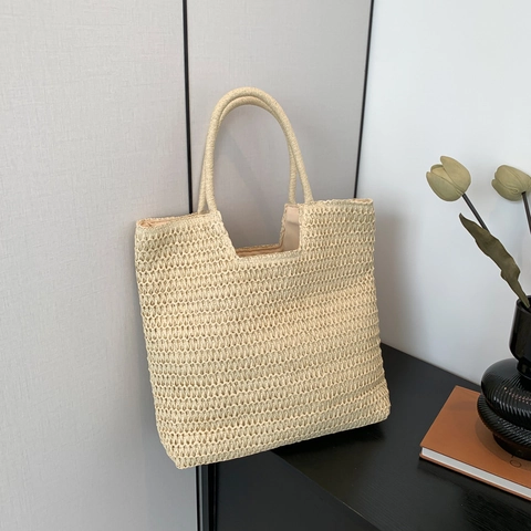 Damen Große Kapazität Stroh Gewebte Tote Bag Sommer Strand Urlaub Umhängetasche Handgewebte Stroh Handtasche Mit Rundem Griff