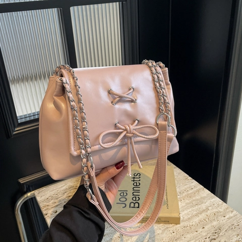 Women Bow Decoration Lace-up Crossbody Bag PU Leather Fashion Chain Shoulder Bag Large Capacity Square Tote Bag