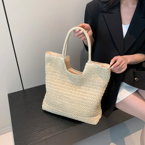 Damen Große Kapazität Stroh Gewebte Tote Bag Sommer Strand Urlaub Umhängetasche Handgewebte Stroh Handtasche Mit Rundem Griff