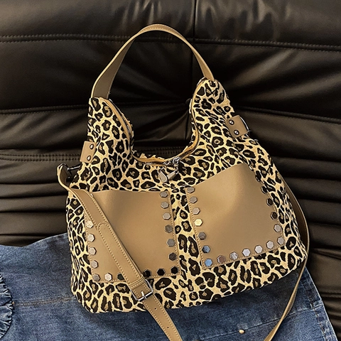 Grand Sac en Toile Imprimé Léopard Vintage Grande Capacité Avec Rivets pour Femmes Sac à Épaule Décontracté