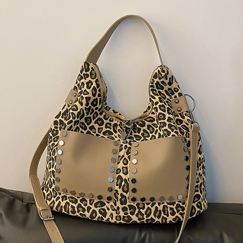 Grand Sac en Toile Imprimé Léopard Vintage Grande Capacité Avec Rivets pour Femmes Sac à Épaule Décontracté