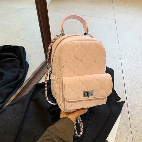 Women Quilted Mini Backpack Diamond Lattice Stitching PU Leather Small Backpack With Chain Strap Metal Twist Lock Travel Bag