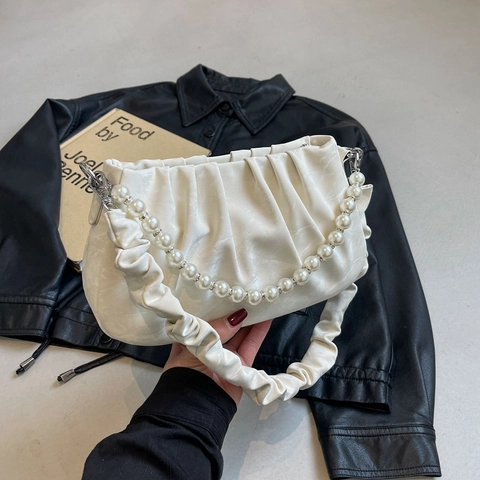 Bolso de Nube Plisado Chic Francés para Mujer Moda Cadena de Perlas Artificiales Bolso de Hombro Cuero PU Suave Bolso de Mano
