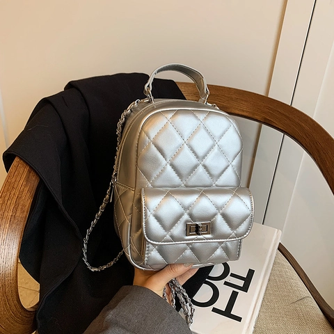 Women Quilted Mini Backpack Diamond Lattice Stitching PU Leather Small Backpack With Chain Strap Metal Twist Lock Travel Bag