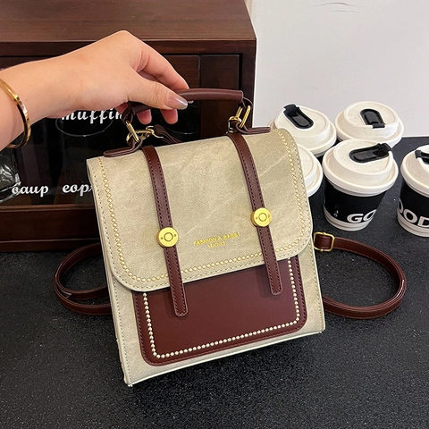 Vintage Women PU Leather Denim Patchwork Small Backpack Multi-function Handbag Commuter School Bag With Metal Rivets Lettering