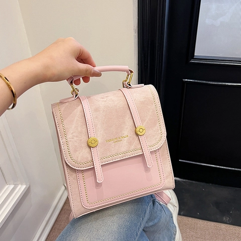 Vintage Women PU Leather Denim Patchwork Small Backpack Multi-function Handbag Commuter School Bag With Metal Rivets Lettering