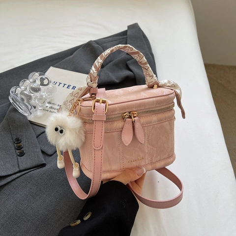 Fashion Marble Pattern PU Leather Box Bucket Bag For Women With Silk Scarf Handle And Plush Monster Charm Small Crossbody Bag