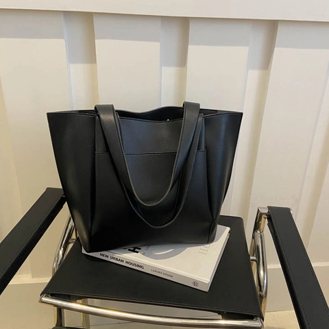 Women Large Capacity PU Leather Tote Bag Simple Solid Color Litchi Pattern Shoulder Bag Daily Commute Shopping Handbag
