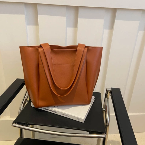 Women Large Capacity PU Leather Tote Bag Simple Solid Color Litchi Pattern Shoulder Bag Daily Commute Shopping Handbag