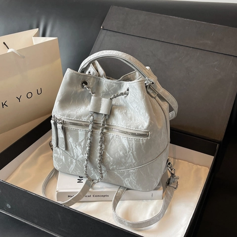Women Fashion Crinkled PU Leather Bucket Backpack Drawstring Chain Shoulder Crossbody Bag For Casual Travel Daily Use