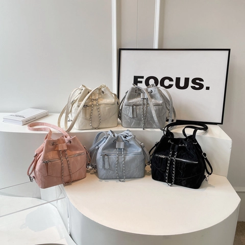 Women Fashion Crinkled PU Leather Bucket Backpack Drawstring Chain Shoulder Crossbody Bag For Casual Travel Daily Use