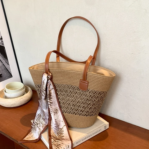 Damen Sommer Strohgewebe Einkaufstasche Große Kapazität Mode Strand Schultertasche Mit Schal Casual Alltag Eimer Tasche