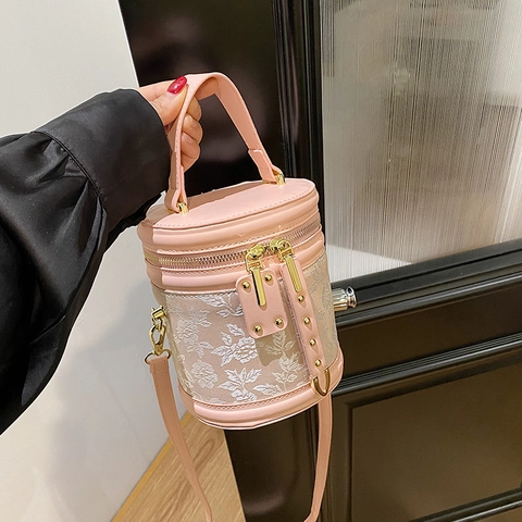 Borsa a Secchiello da Donna Retro Ricamata in Pelle PU con Fiori e Farfalle e Tracolla Rimovibile Ferramenta Dorata