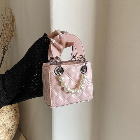 Women Rhombic Quilted Bucket Bag Artificial Pearl Handle Fashion Mini PU Leather Crossbody Handbag Small Square Lady Bag