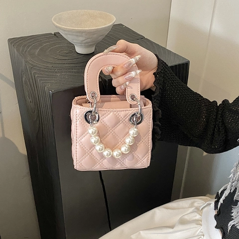 Women Rhombic Quilted Bucket Bag Artificial Pearl Handle Fashion Mini PU Leather Crossbody Handbag Small Square Lady Bag