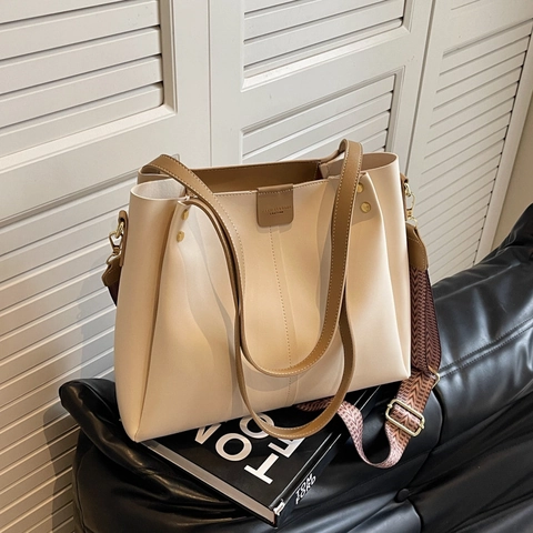 Borsa Tote da Donna in Pelle PU di Grande Capacità con Tracolla Larga e Cuciture a Contrasto Borsa a Spalla per Pendolari