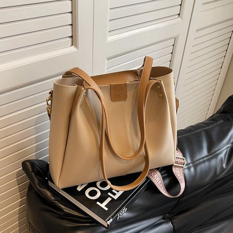 Borsa Tote da Donna in Pelle PU di Grande Capacità con Tracolla Larga e Cuciture a Contrasto Borsa a Spalla per Pendolari