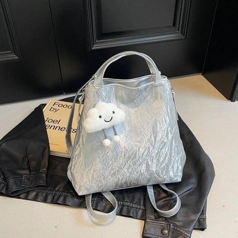Women Large Capacity Wrinkled PU Leather Tote Bag Fashion Shoulder Bag With Plush Cloud Charm For Daily Commute Work