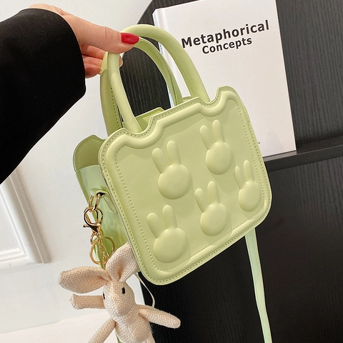 Borsa a Tracolla Quadrata in Pelle PU da Donna Trendy Con Rilievo a Coniglio Ciondolo di Peluche Piccola Borsa a Mano