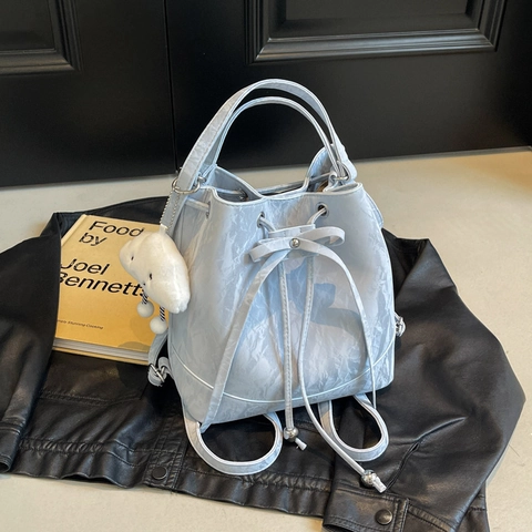 Women Fashion PU Leather Bucket Bag Marble Texture Drawstring Backpack With Cloud Pendant Large Capacity Multi-way Bag