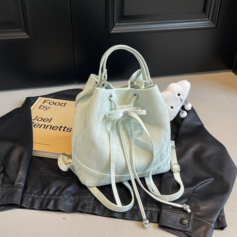 Women Fashion PU Leather Bucket Bag Marble Texture Drawstring Backpack With Cloud Pendant Large Capacity Multi-way Bag