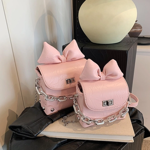 Women's Mini Crossbody Bag With Large Bow PU Leather Wrinkled Texture Chain Strap Silver Turn Lock Fashion Shoulder Bag