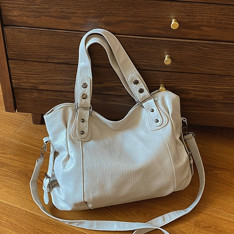 Sac Fourre-tout en Cuir PU de Grande Capacité pour Femmes Sac à Main Minimaliste Décor de Rivets avec Bandoulière Réglable
