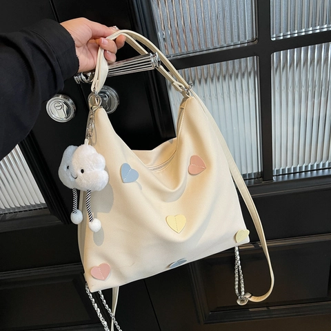 Borsa Tote in PU da Donna a Grande Capacità Borsa a Tracolla Multifunzionale Con Toppe a Cuore e Ciondolo a Nuvola Zaino Casual