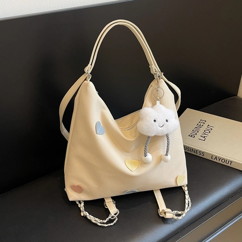 Borsa Tote in PU da Donna a Grande Capacità Borsa a Tracolla Multifunzionale Con Toppe a Cuore e Ciondolo a Nuvola Zaino Casual