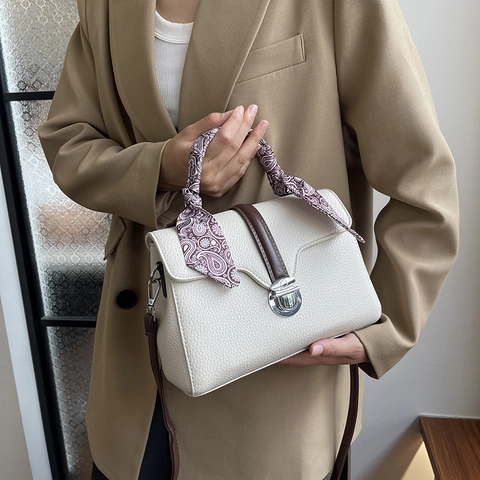 Damen PU Leder Handtasche Mit Seidenschal Griff Lychee Textur Umhängetasche Große Kapazität Schultertasche Für Den Alltag