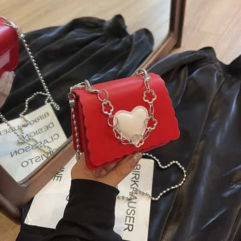 Borsa a Tracolla da Donna Mini Cuore Estate Nuova Moda Pelle PU Bordo a Festoncino Piccola Borsa a Spalla Chic