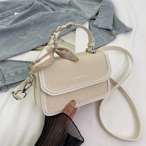 Vintage PU Leather Fabric Patchwork Crossbody Bag For Women Fashion Small Square Bag Handheld Shoulder Bag With Scarf Handle
