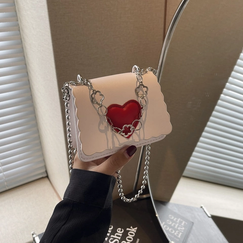 Borsa a Tracolla da Donna Mini Cuore Estate Nuova Moda Pelle PU Bordo a Festoncino Piccola Borsa a Spalla Chic
