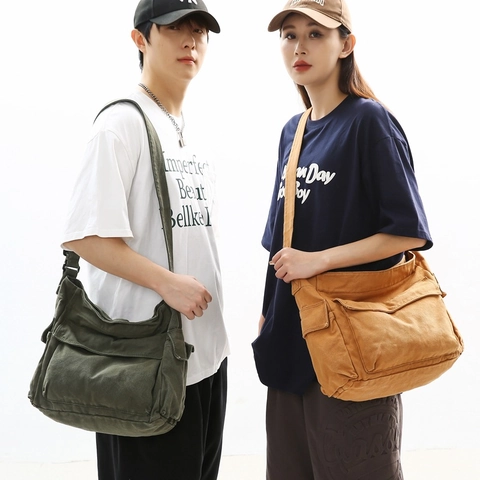 Borsa a Tracolla in Tela Grande Capacità Vintage Multitasche Crossbody Stile Coreano Unisex Scuola Lavoro Borsa a Mano