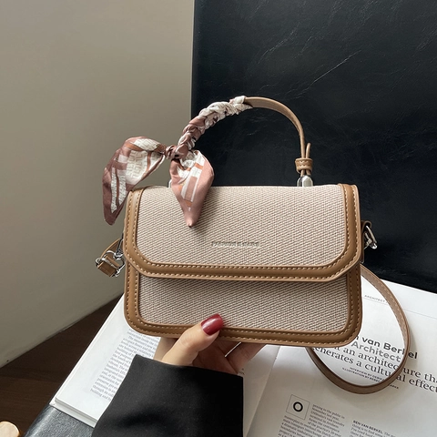 Vintage PU Leather Fabric Patchwork Crossbody Bag For Women Fashion Small Square Bag Handheld Shoulder Bag With Scarf Handle