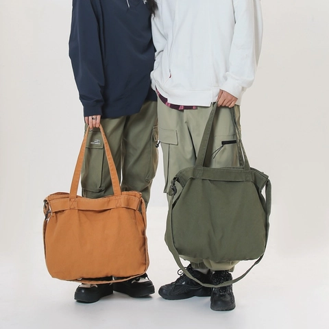 Japanese Retro Canvas Tote Bag Large Capacity Shoulder Crossbody Bag For Women Simple Solid Color Versatile Student Handbag
